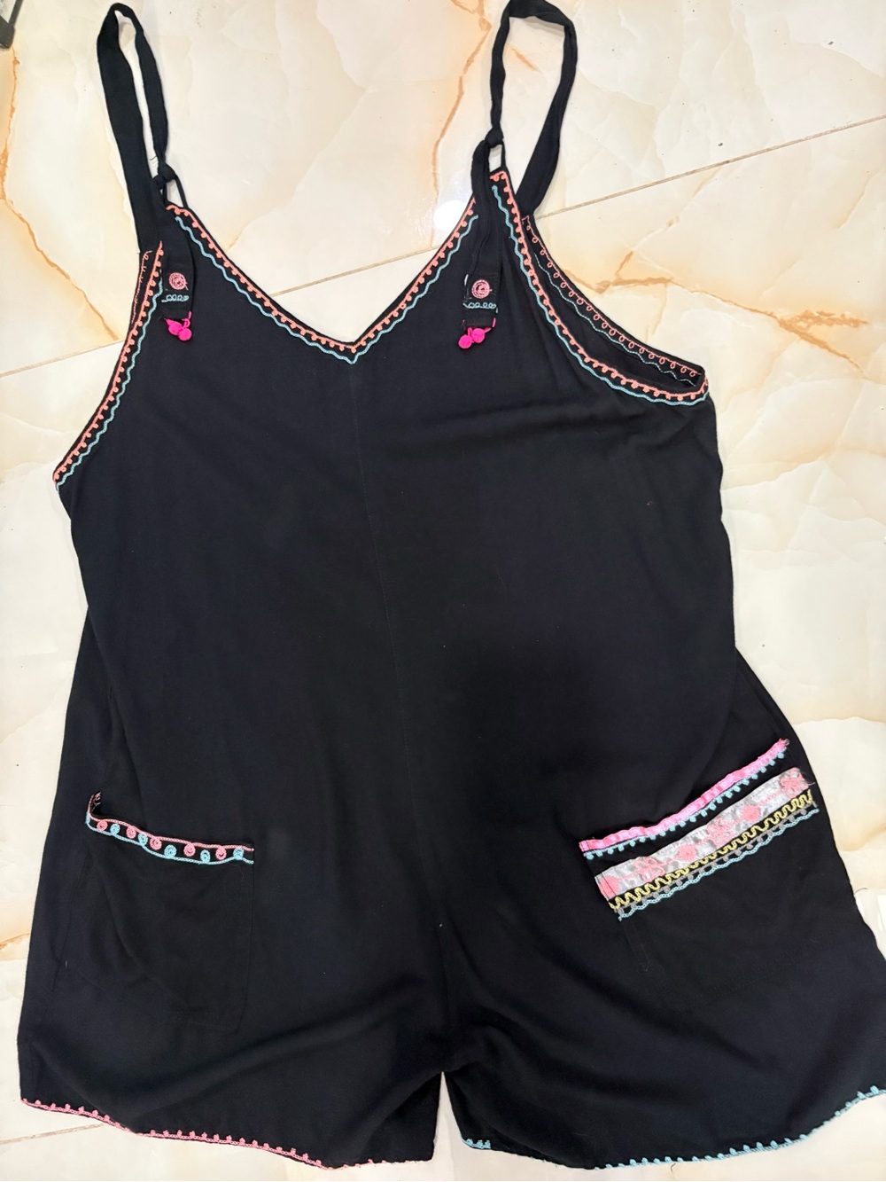 Black Embroidered Romper with Pink, Blue & Orange Trim Hand Made Beach Cover L